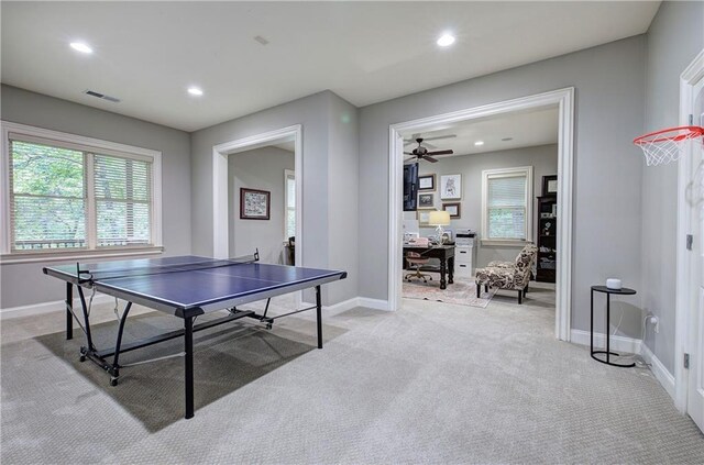 16 Cambridge Way, Cartersville, GA 30121 - rec room featuring a desk, light colored carpet, ceiling fan, and recessed lighting