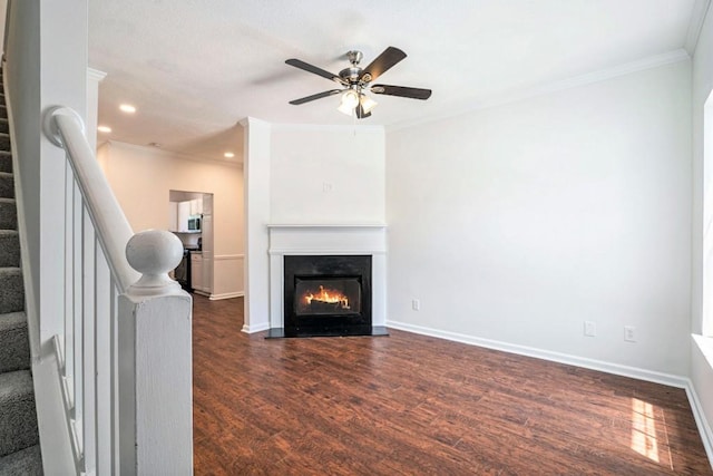 277 Ralph David Abernathy Blvd SW, Atlanta, GA 30312 - unfurnished living room featuring stairs, ceiling fan, crown molding, dark wood-style floors, and recessed lighting