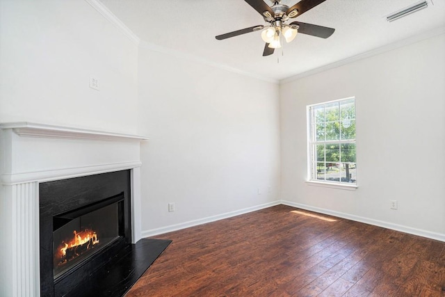 277 Ralph David Abernathy Blvd SW, Atlanta, GA 30312 - unfurnished living room featuring dark wood-style flooring, a glass covered fireplace, baseboards, ornamental molding, and ceiling fan