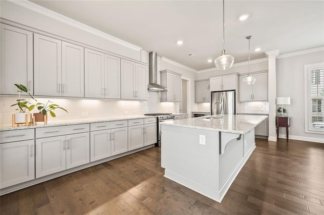 993 Harvest Park Ln, Suwanee, GA 30024 - kitchen with wall chimney exhaust hood, appliances with stainless steel finishes, ornamental molding, backsplash, and recessed lighting