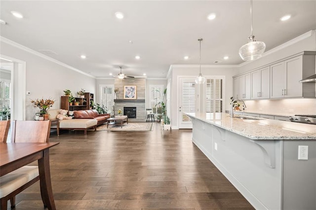 993 Harvest Park Ln, Suwanee, GA 30024 - kitchen with a sink, ceiling fan, dark wood-type flooring, light stone countertops, and a large fireplace