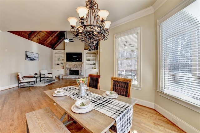 dining space featuring wooden ceiling, vaulted ceiling with beams, ceiling fan, light hardwood / wood-style floors, and built in features