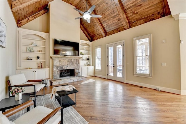 unfurnished living room featuring wood ceiling, light hardwood / wood-style floors, ceiling fan, a fireplace, and built in shelves