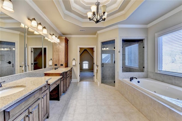 bathroom with crown molding, plus walk in shower, a tray ceiling, and a chandelier