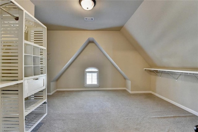 spacious closet with lofted ceiling and carpet flooring