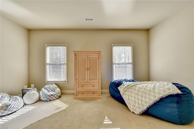 carpeted bedroom with multiple windows