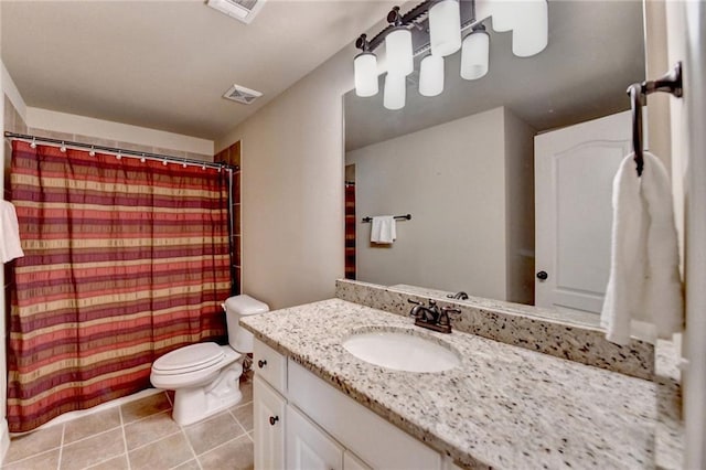 bathroom with walk in shower, tile patterned flooring, vanity, and toilet