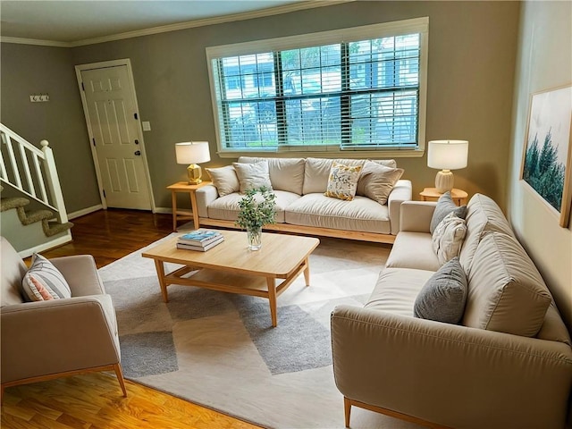 living room featuring wood-type flooring and crown molding