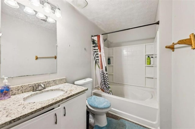 full bathroom featuring vanity, a textured ceiling, toilet, and shower / bathtub combination with curtain