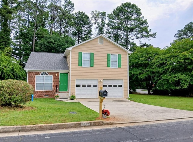split level home with concrete driveway, an attached garage, a front yard, brick siding, and roof with shingles