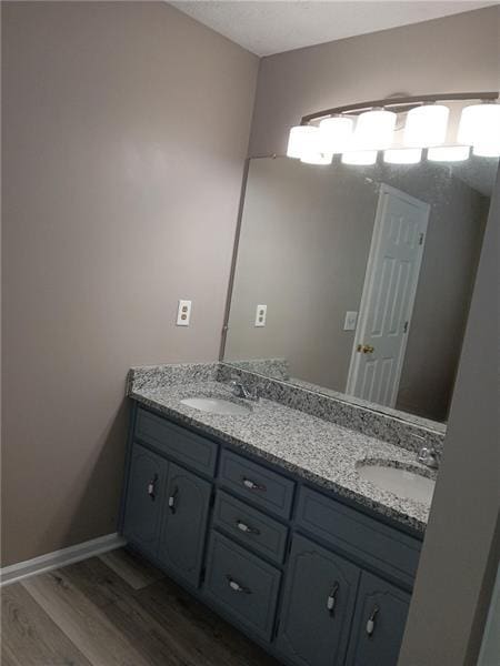 bathroom featuring wood finished floors, double vanity, and baseboards