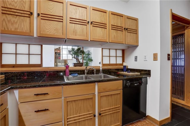 kitchen featuring black dishwasher, sink, and dark tile patterned floors