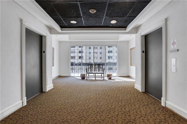 hall with a paneled ceiling, carpet flooring, and elevator