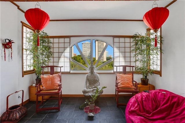 living area featuring ornamental molding