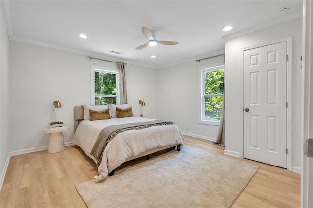 5601 Due W Rd, Powder Springs, GA 30127 - bedroom featuring multiple windows, light wood-style flooring, ornamental molding, recessed lighting, and a ceiling fan