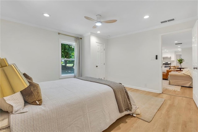 5601 Due W Rd, Powder Springs, GA 30127 - bedroom featuring light wood finished floors, ornamental molding, recessed lighting, and ceiling fan