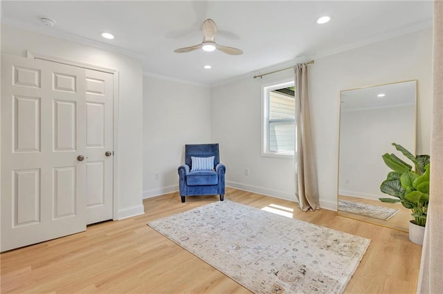 5601 Due W Rd, Powder Springs, GA 30127 - living area with crown molding, ceiling fan, light wood finished floors, and recessed lighting