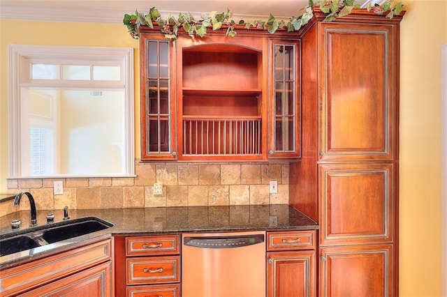1595 Lake Lucerne Rd SW, Lilburn, GA 30047 - kitchen featuring stainless steel dishwasher, a sink, backsplash, dark stone counters, and ornamental molding