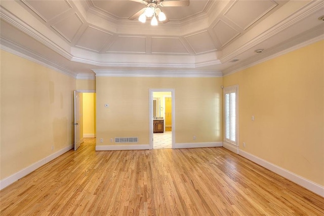 1595 Lake Lucerne Rd SW, Lilburn, GA 30047 - spare room featuring crown molding, coffered ceiling, ceiling fan, light wood finished floors, and baseboards