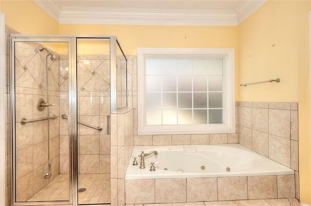 1595 Lake Lucerne Rd SW, Lilburn, GA 30047 - full bath featuring a stall shower, a tub with jets, and ornamental molding