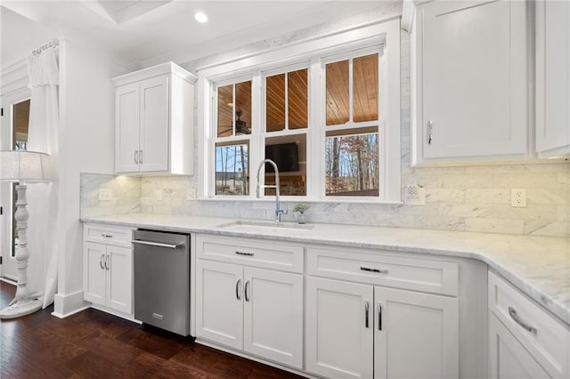 kitchen featuring sink, white cabinets, decorative backsplash, stainless steel dishwasher, and light stone counters