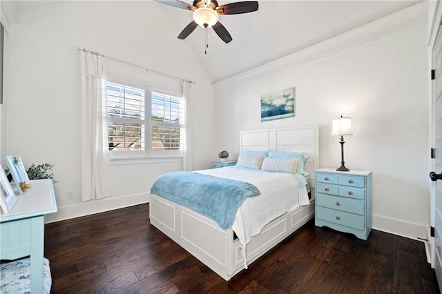 bedroom featuring vaulted ceiling, dark wood-type flooring, and ceiling fan