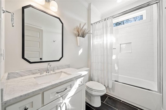 full bathroom with vanity, shower / tub combo with curtain, tile patterned floors, and toilet