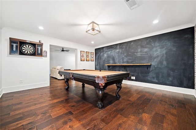 rec room featuring billiards, hardwood / wood-style floors, and ornamental molding