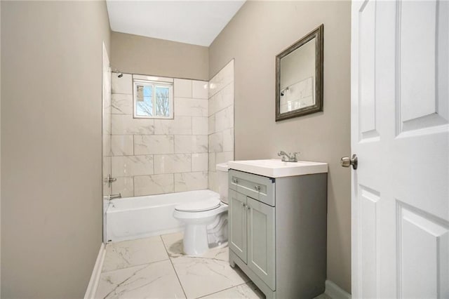 full bath with toilet, shower / bath combination, vanity, baseboards, and marble finish floor