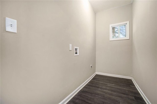 laundry room featuring hookup for a washing machine, laundry area, baseboards, and dark wood-style floors