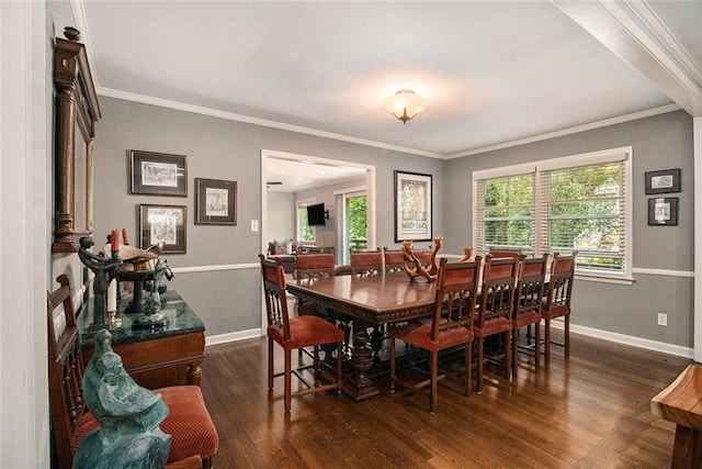 6590 Williamson Dr NE, Atlanta, GA 30328 - dining room featuring baseboards, dark wood-type flooring, and crown molding