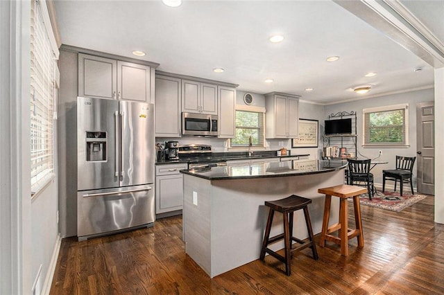 6590 Williamson Dr NE, Atlanta, GA 30328 - kitchen featuring appliances with stainless steel finishes, gray cabinetry, a center island, a kitchen breakfast bar, and dark wood-style flooring