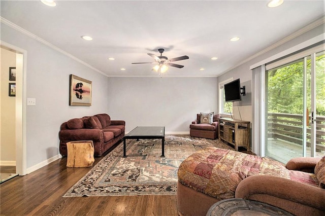 6590 Williamson Dr NE, Atlanta, GA 30328 - living room featuring ornamental molding, recessed lighting, ceiling fan, wood finished floors, and baseboards