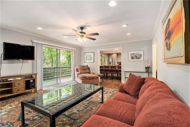 6590 Williamson Dr NE, Atlanta, GA 30328 - living room featuring crown molding, a ceiling fan, recessed lighting, and wood finished floors