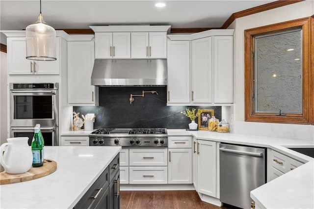 kitchen with white cabinetry, hanging light fixtures, stainless steel appliances, dark hardwood / wood-style floors, and decorative backsplash