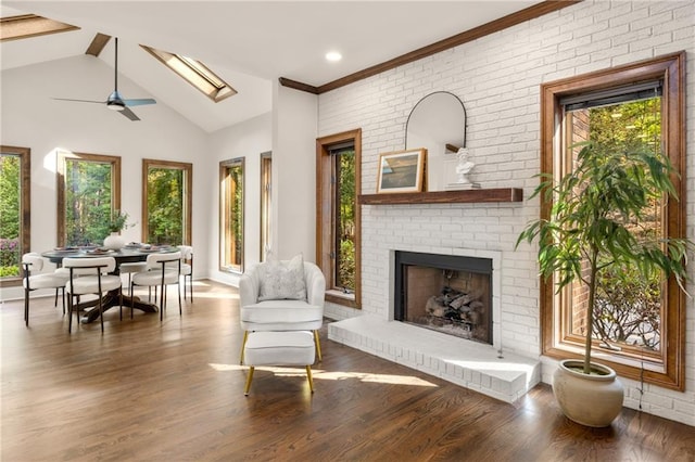 living room with a fireplace, wood-type flooring, and a healthy amount of sunlight