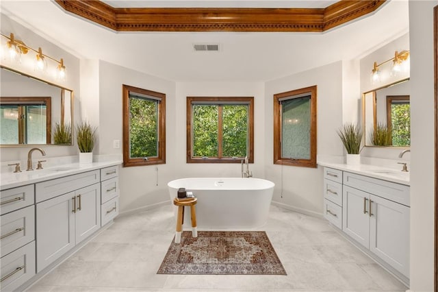 bathroom with vanity, a tray ceiling, and a tub to relax in