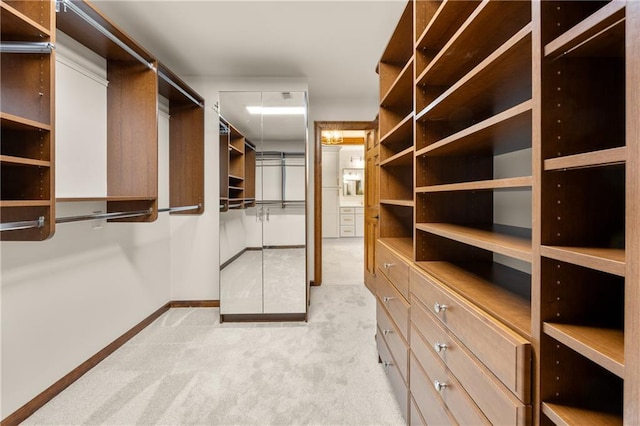 spacious closet featuring light carpet