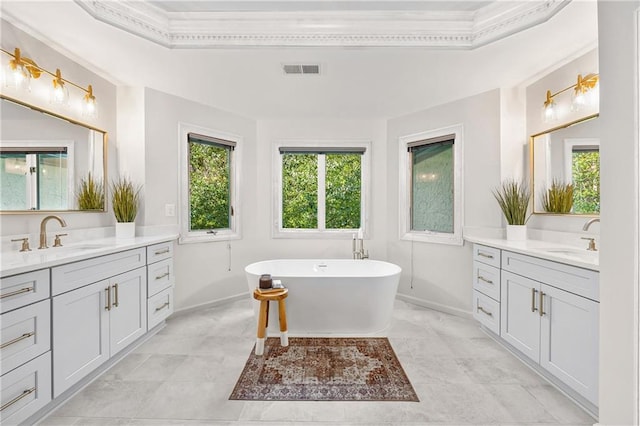 bathroom with vanity, a bathing tub, and a raised ceiling