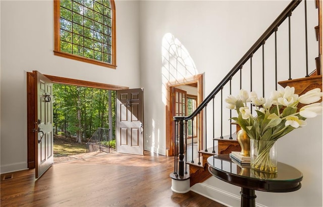 entrance foyer with a towering ceiling and wood-type flooring