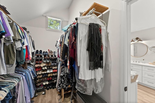 spacious closet featuring light wood finished floors, a sink, and vaulted ceiling