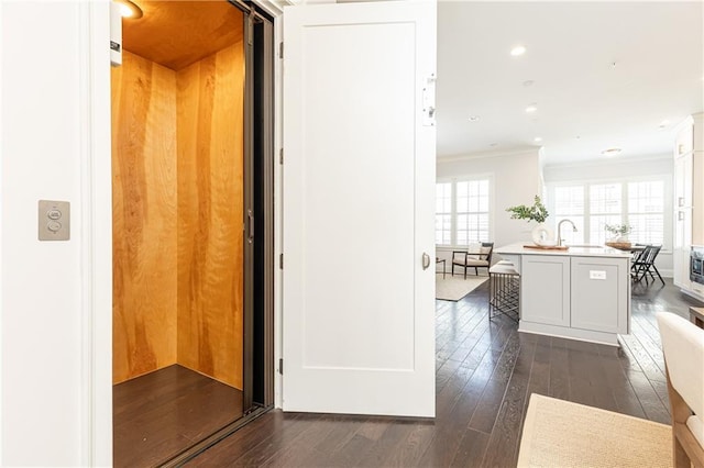 interior space with recessed lighting, dark wood-style floors, a sink, and ornamental molding