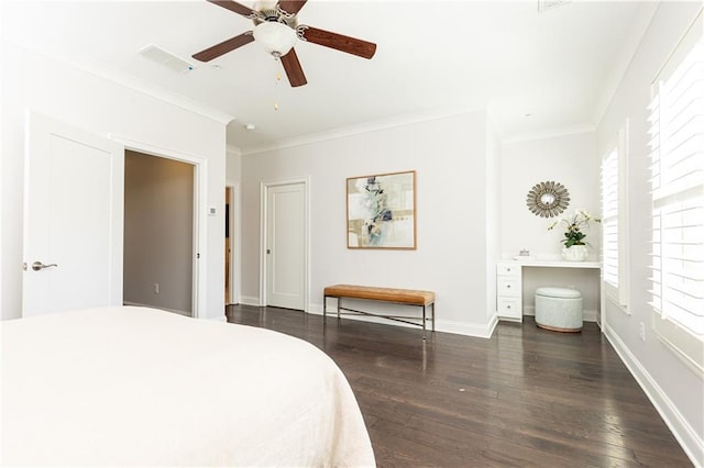 bedroom featuring crown molding, dark wood-style floors, baseboards, and ceiling fan