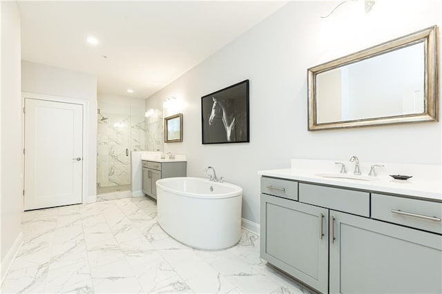 bathroom featuring a sink, a marble finish shower, baseboards, and marble finish floor