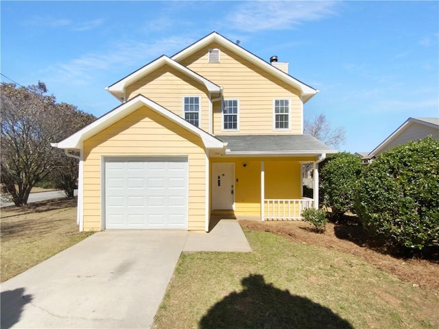 traditional home with a porch, a garage, concrete driveway, a chimney, and a front yard