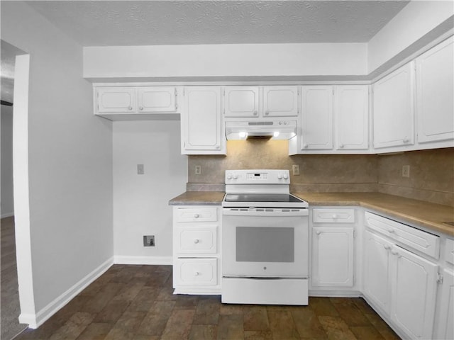 kitchen featuring under cabinet range hood, electric range, white cabinets, and decorative backsplash