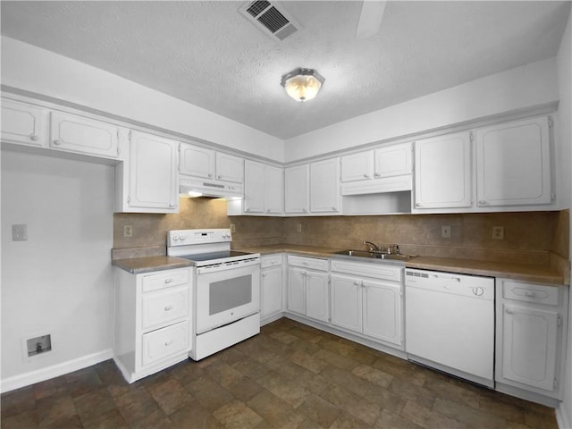 kitchen featuring white appliances, white cabinetry, visible vents, and under cabinet range hood