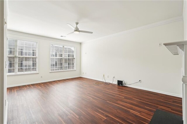 unfurnished living room with crown molding, baseboards, ceiling fan, and wood finished floors