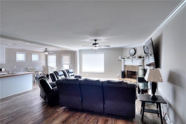 living room featuring a stone fireplace, ornamental molding, ceiling fan, and dark hardwood / wood-style flooring