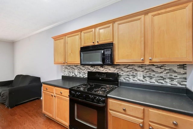 786 Brookside Parc Ln, Avondale Estates, GA 30002 - kitchen featuring black appliances, dark countertops, backsplash, ornamental molding, and wood finished floors